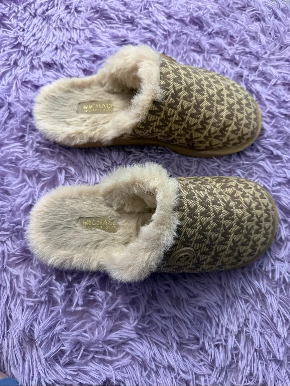 Michael Kors Kids Tan/Brown MK Logo Faux-Fur Slip-On Slippers